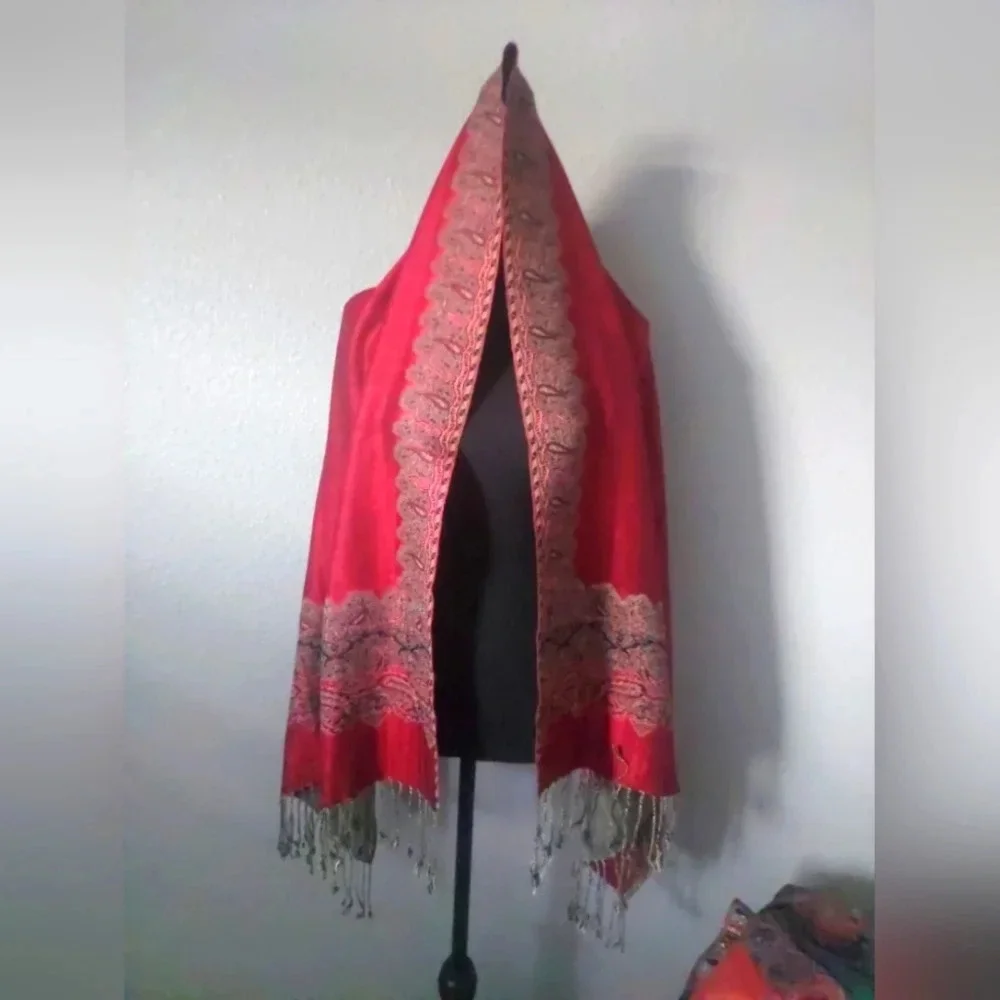 Pashmina silk blend Shawl Scarf Wrap red  Tassels ethnic Bohemian luxury